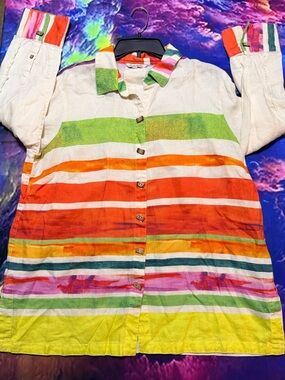 John Mark Cream Top with Green, Orange, Pink & Teal Striped Collar